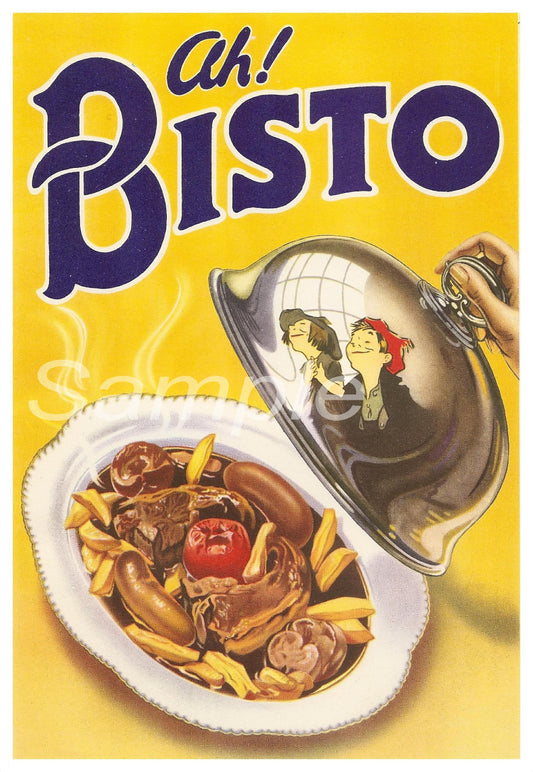 Vintage Bisto advertisement with a bowl of and a ladle on a yellow background