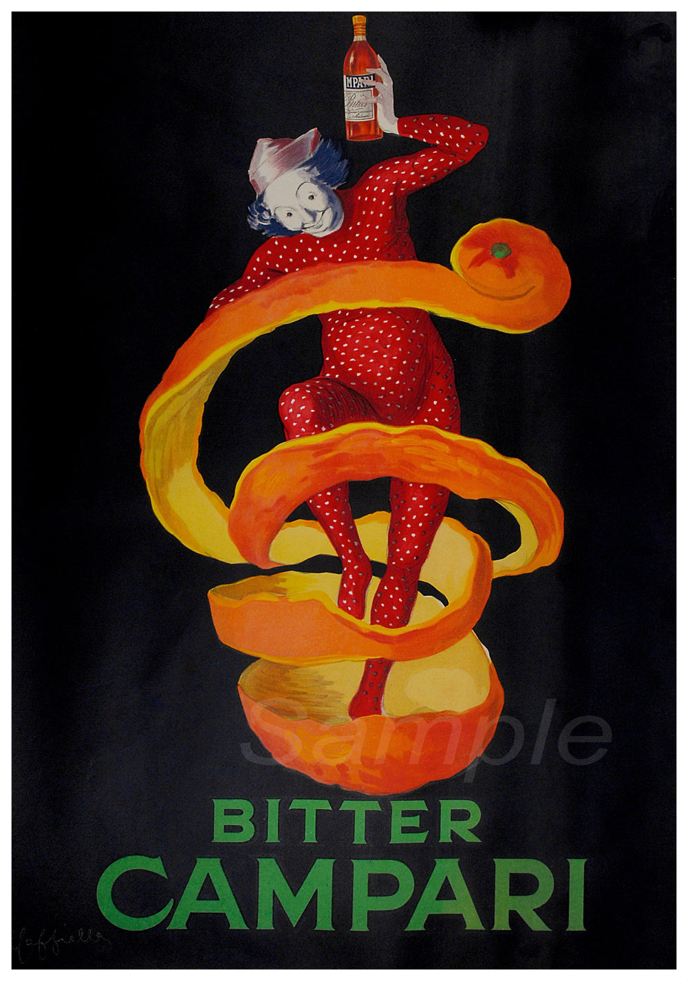 Vintage-style advertisement for Bitter Campari featuring a clown on a bottle.