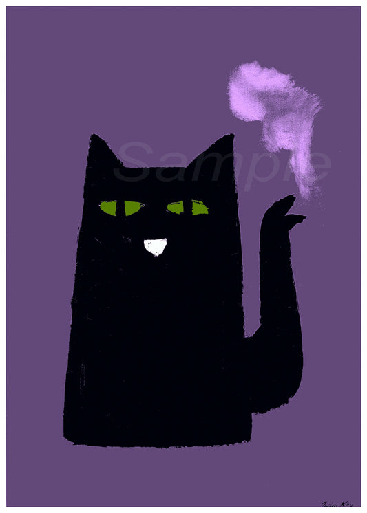 A vintage style advertising poster featuring a black cat with green eyes and a cigarette on a purple background.
