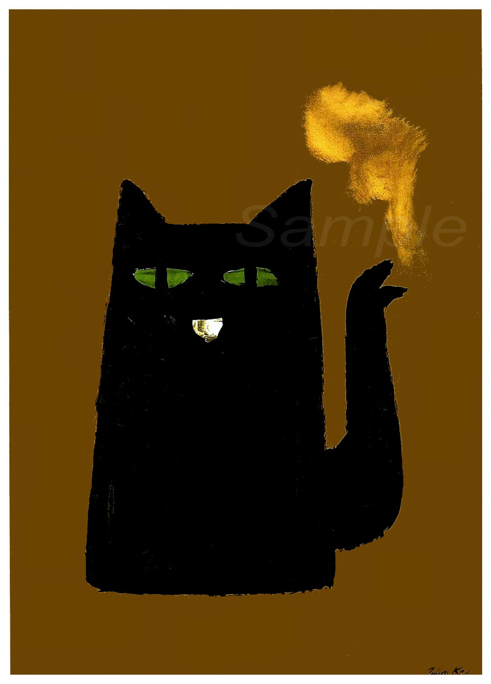 Black cat silhouette with green eyes 0n a brown background