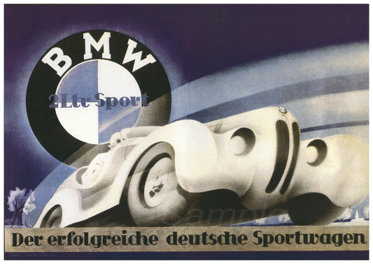 Vintage advertising poster for BMW 328 with a graphic of the car and the BMW logo above text that reads 'Sport' and 'Erfolgreiche Deutsche Sportwagen'.