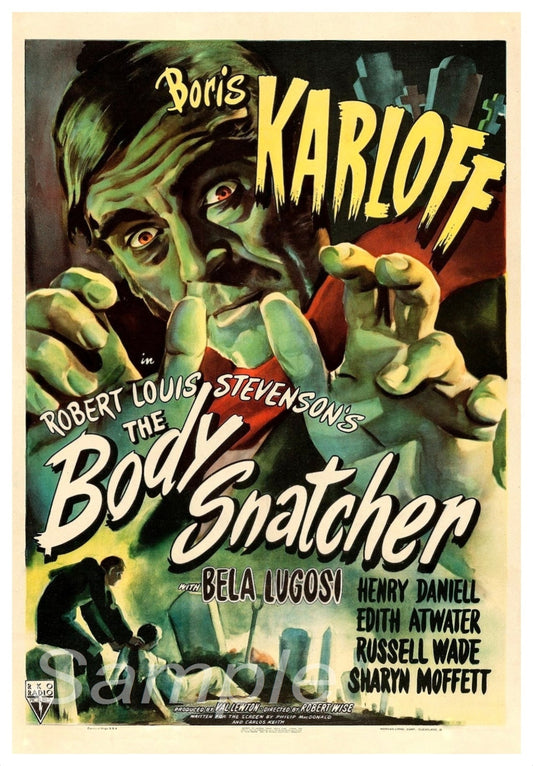 Vintage style movie poster for 'The Body Snatcher' featuring a black and white image with text and a figure reaching out.