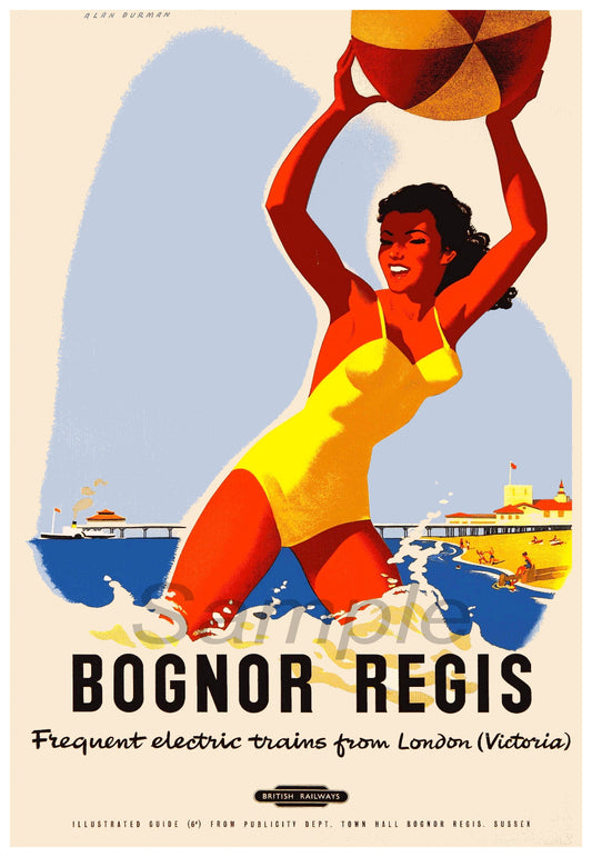 A vintage style poster print promoting Bognor Regis, featuring a woman in a yellow swimsuit with a beach ball, and text detailing train frequencies from London.