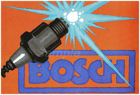 Vintage style advertising poster featuring a Bosch spark plug with a blue and orange background, and the Bosch logo in bold lettering.