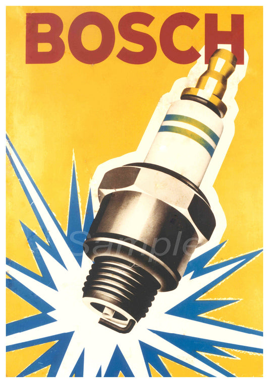 Vintage Bosch spark plug advertisement with a yellow background and blue lightning bolts.
