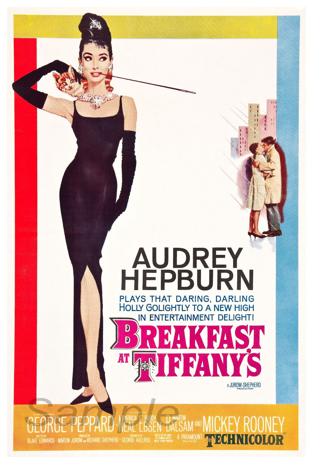 Movie poster for 'Breakfast at Tiffany's' featuring Audrey Hepburn in a black dress.