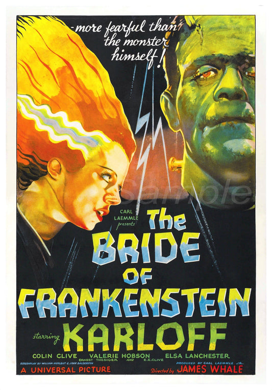 Vintage movie poster print of 'The Bride of Frankenstein' featuring images of the characters and a stylized design.