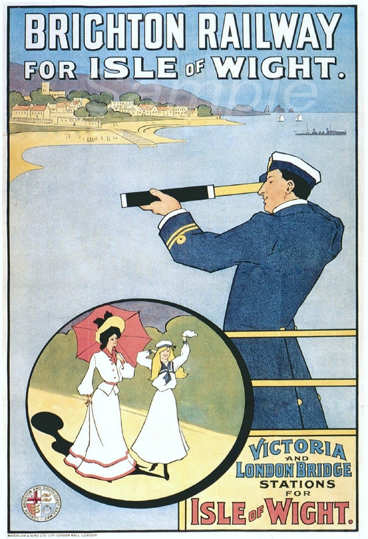 A vintage style poster of the Brighton Railway for Isle of Wight, featuring a man in a navy uniform with a telescope, and two children in a circular inset image.