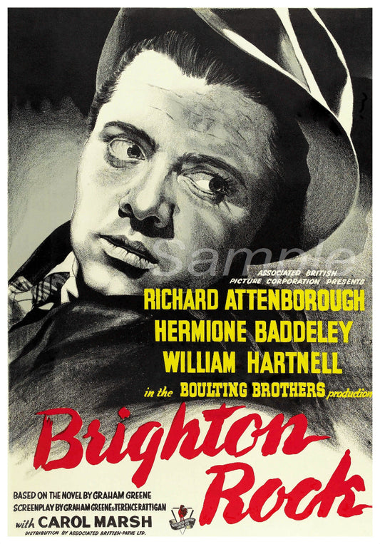 Vintage movie poster for 'Brighton Rock' featuring a close-up of a man's face and text about the film.