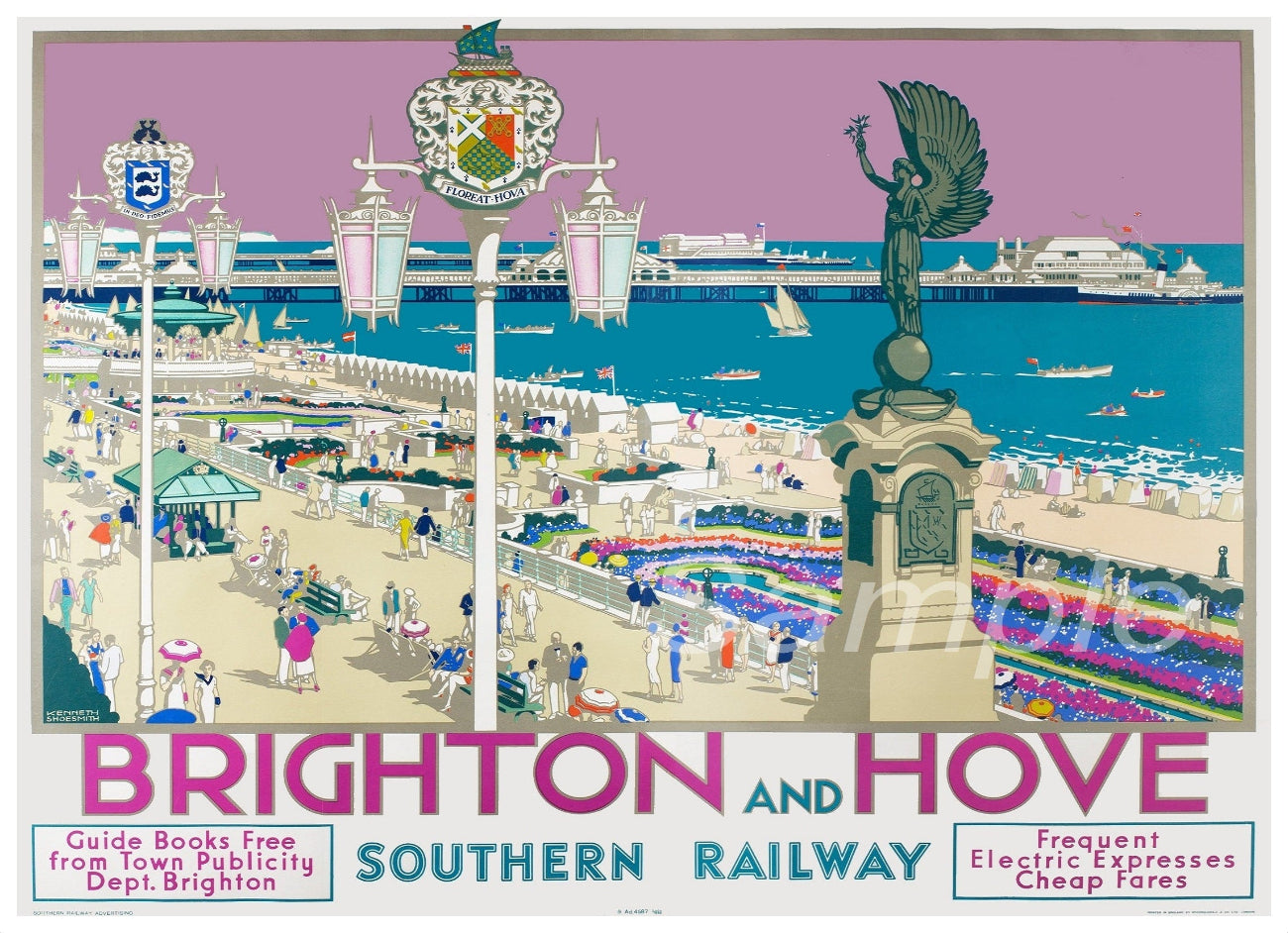 A vintage style poster of Brighton and Hove featuring railway elements, beach scene, and historical architecture.