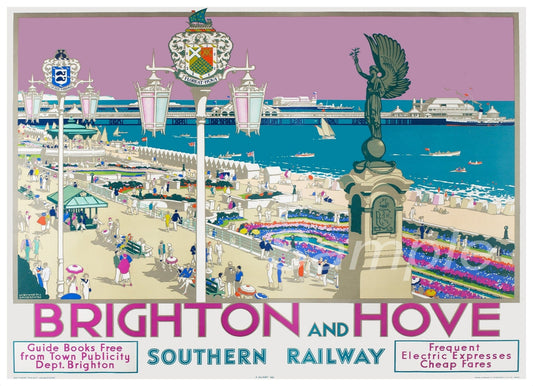 A vintage style poster of Brighton and Hove featuring railway elements, beach scene, and historical architecture.