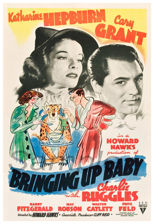Vintage movie poster print for 'Bringing Up Baby' featuring characters played by Katharine Hepburn and Cary Grant, with a leopard and a baby in the foreground.