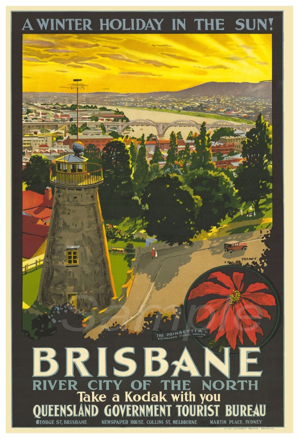 Vintage style travel poster featuring Brisbane, Australia, with a winter holiday theme, including a depiction of the city skyline, a lighthouse, and a large red flower.