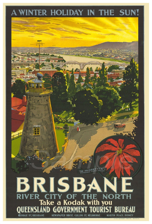 Vintage style travel poster featuring Brisbane, Australia, with a winter holiday theme, including a depiction of the city skyline, a lighthouse, and a large red flower.