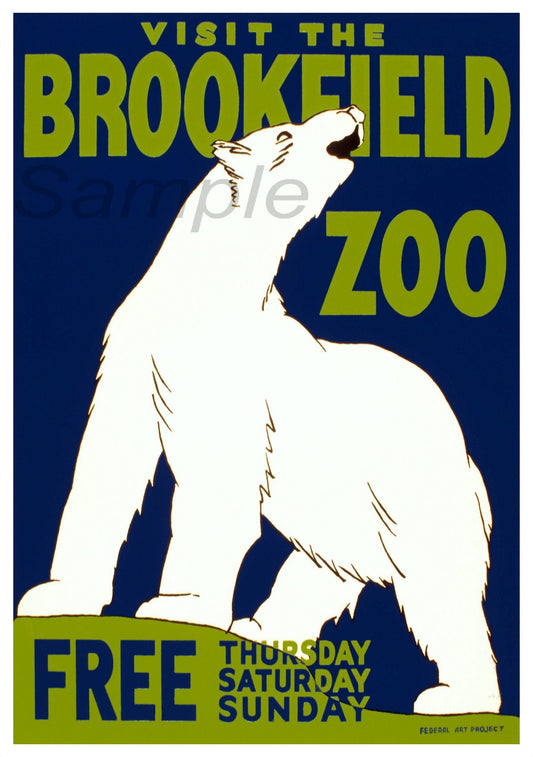 Vintage-style poster with a white bear illustration and text promoting the Brookefield Zoo.