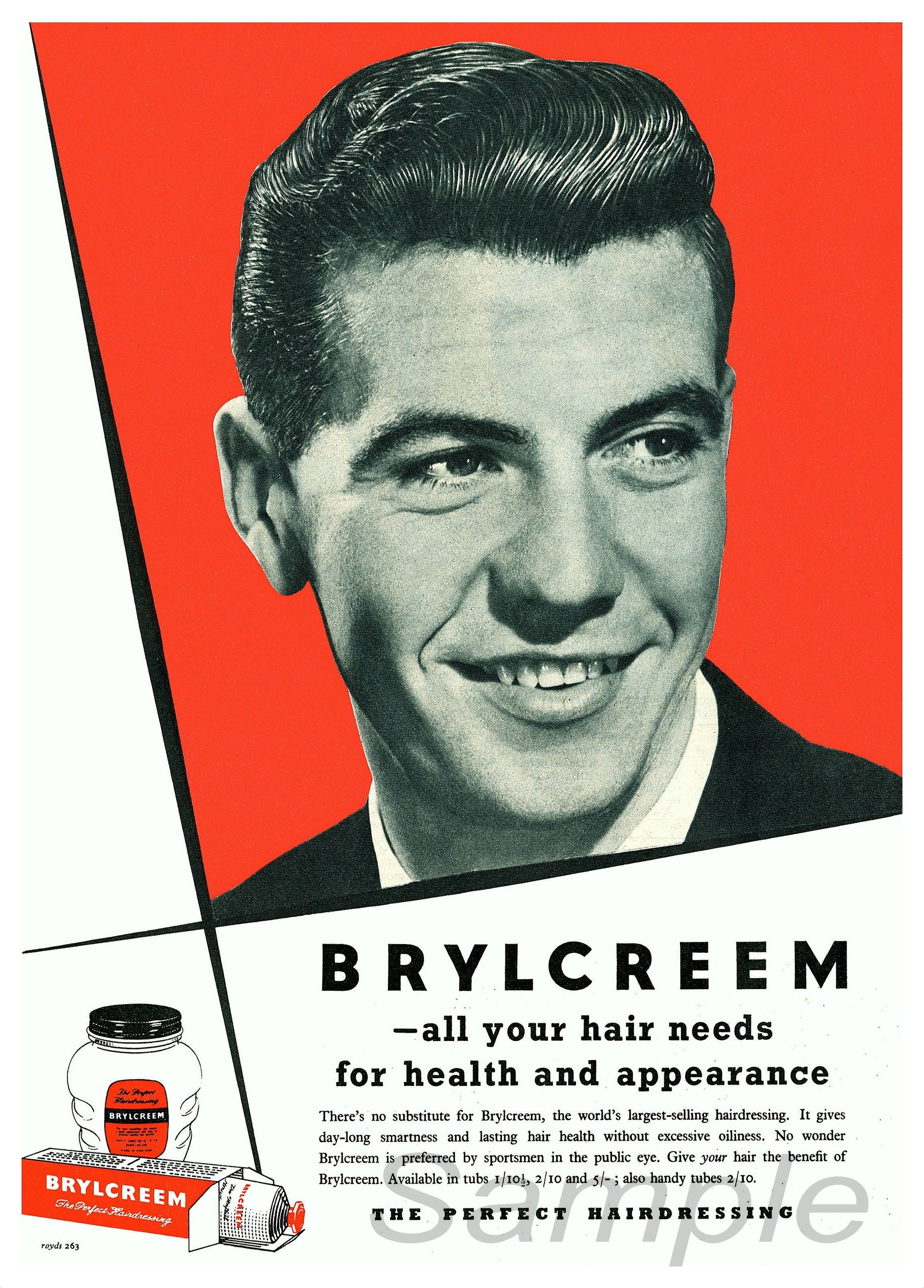 Vintage advertising poster print featuring a man with a Brylcreem product in his hair, against a red and white background. The text promotes the product for 'all your hair needs'.