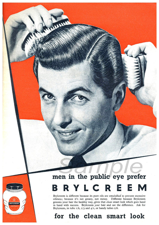 Vintage advertising poster print featuring a man with a Brylcreem-coated hair, holding a comb, against a red and white background. The text emphasizes the product's use for creating a clean, smart look.