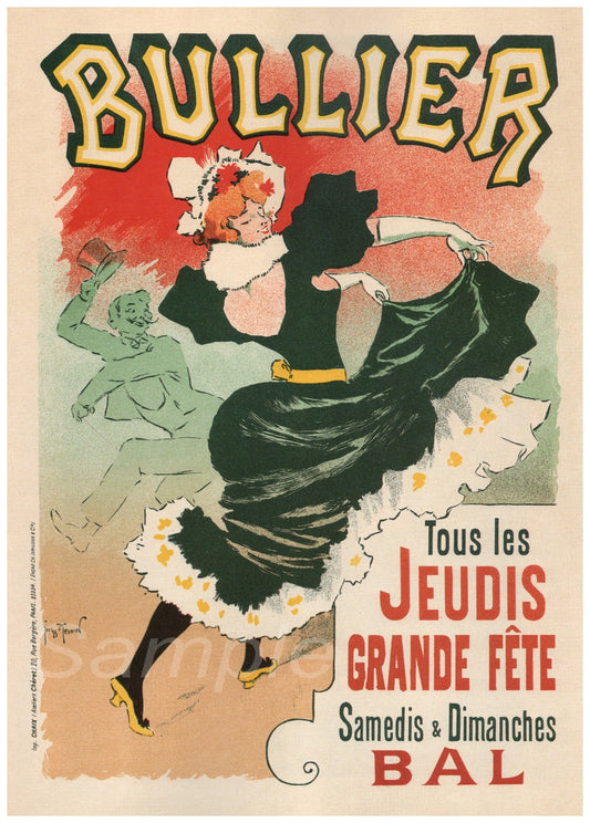 Vintage poster advertising a dance event with a dancer and text in French.