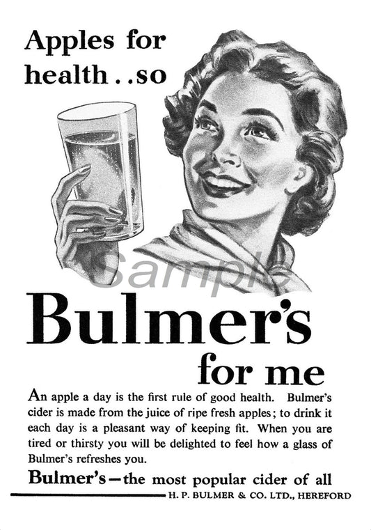 A vintage advertisement poster for Bulmers cider featuring an illustration of a woman holding a glass of cider.