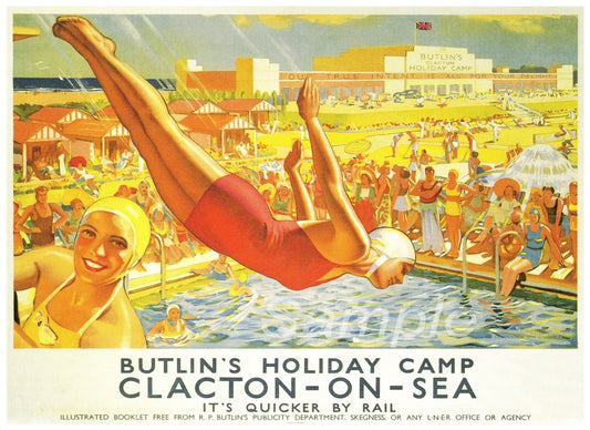 Vintage-style advertisement for Butlin's Holiday Camp in Clacton-on-Sea featuring a swimmer diving into a pool.