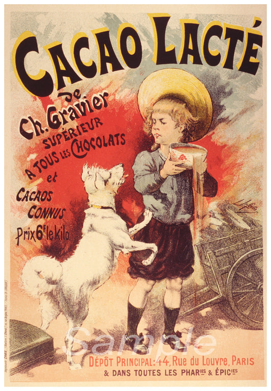 Vintage-style advertisement for Cacao Lacté featuring a child and dog with text in French.
