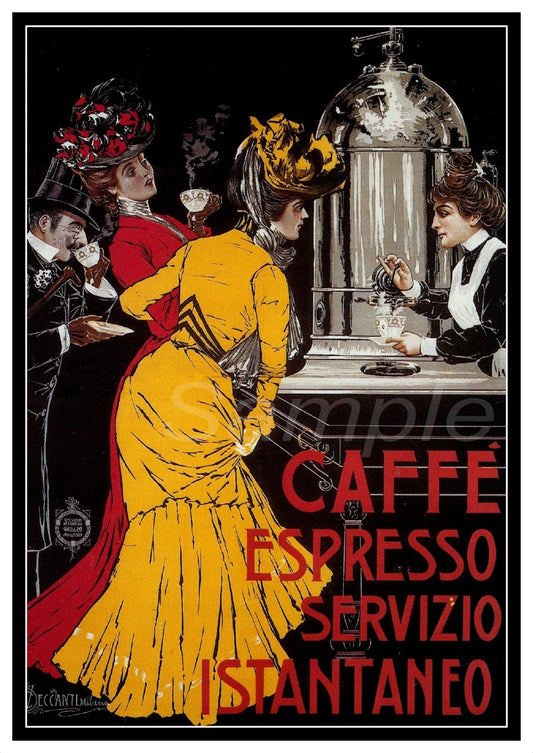 Vintage-style advertisement poster for Caffe Espresso with people around a coffee machine.