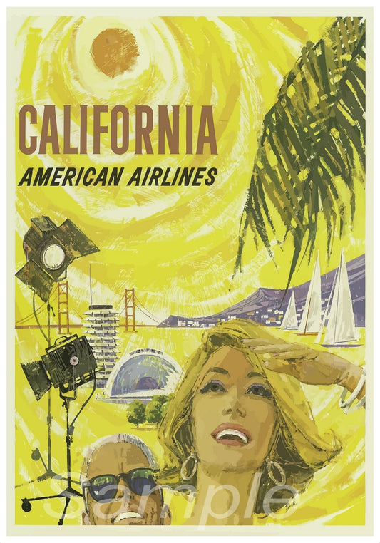 Vintage style travel poster featuring California with American Airlines branding, depicting a sunset, palm trees, and two people enjoying the view.