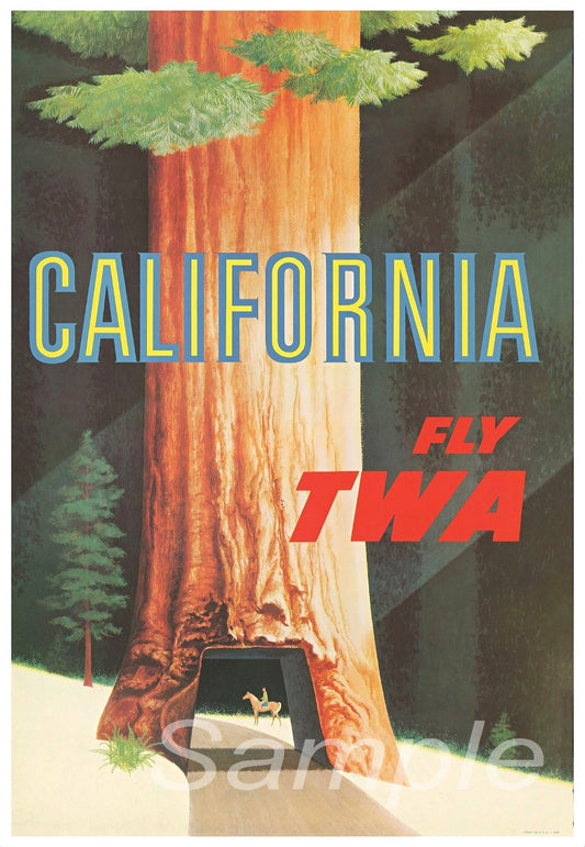 Vintage travel poster featuring the state of California with 'TWA' branding, depicting a stylized redwood forest and a silhouette of the Golden Gate Bridge.