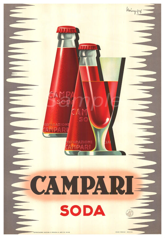 Vintage Campari Soda advertisement with bottles and glass on a beige background