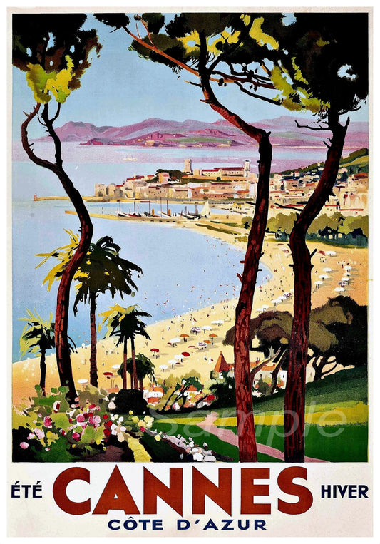 A vintage travel poster depicting Cannes Cote D'Azur France, with an artistic representation of the beach and cityscape, titled 'Eté Cannes Hiver'.
