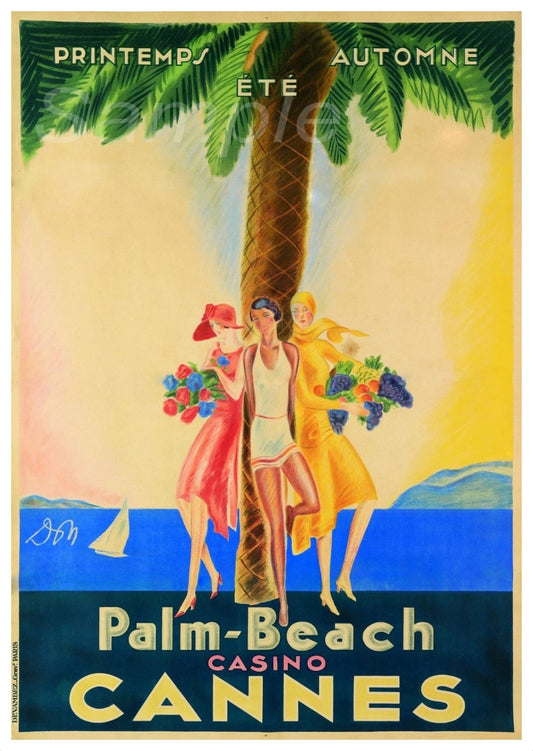 Vintage travel poster featuring three women with a palm tree and the text 'Palm-Beach CASINO'S' on a yellow background, with a vibrant blue sea and sun in the background.