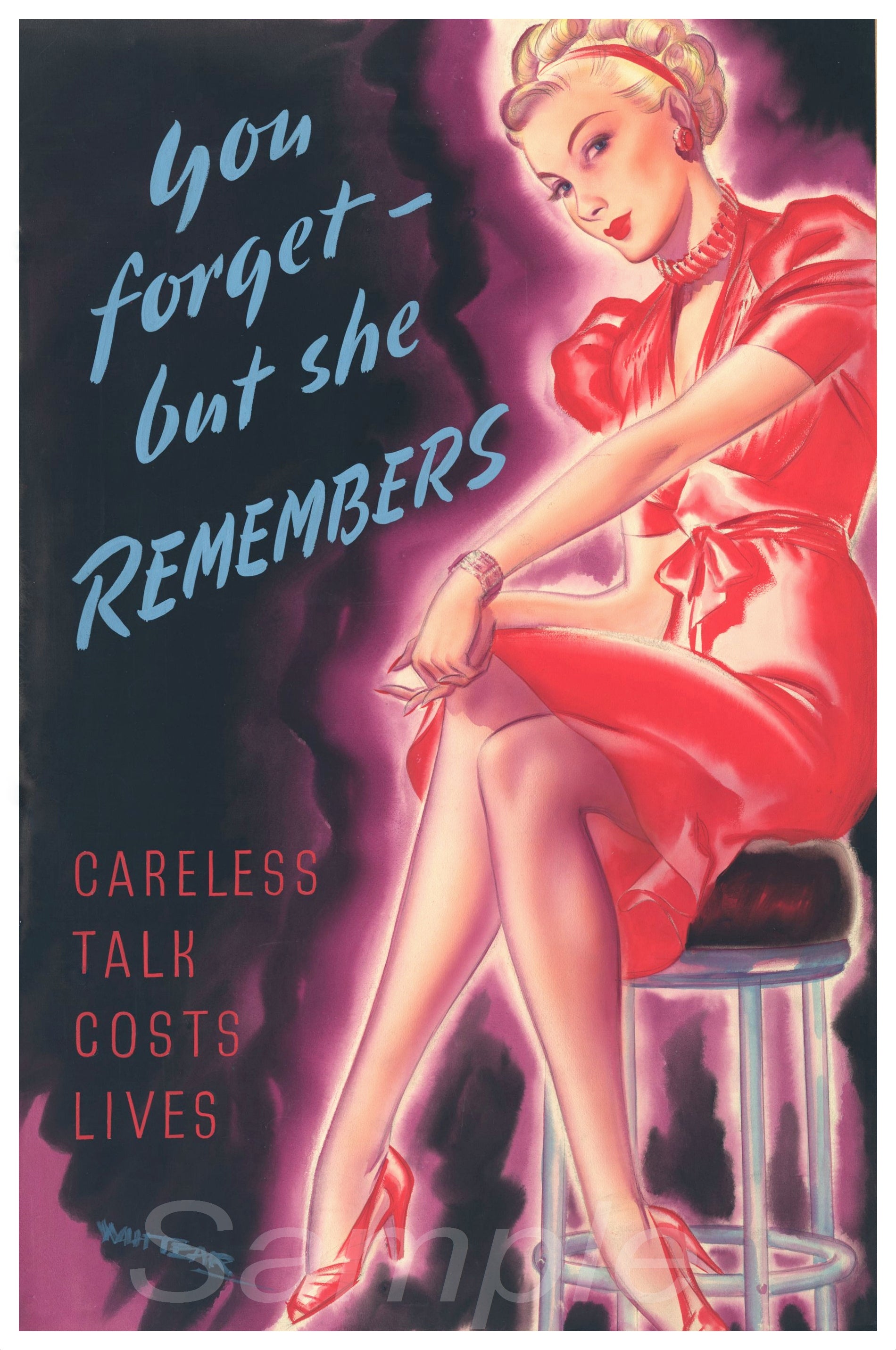 Vintage style poster featuring a woman in a red dress sitting on a chair with text 'You Forgot She Remembers' and 'Careless Talk Cost Lives'.