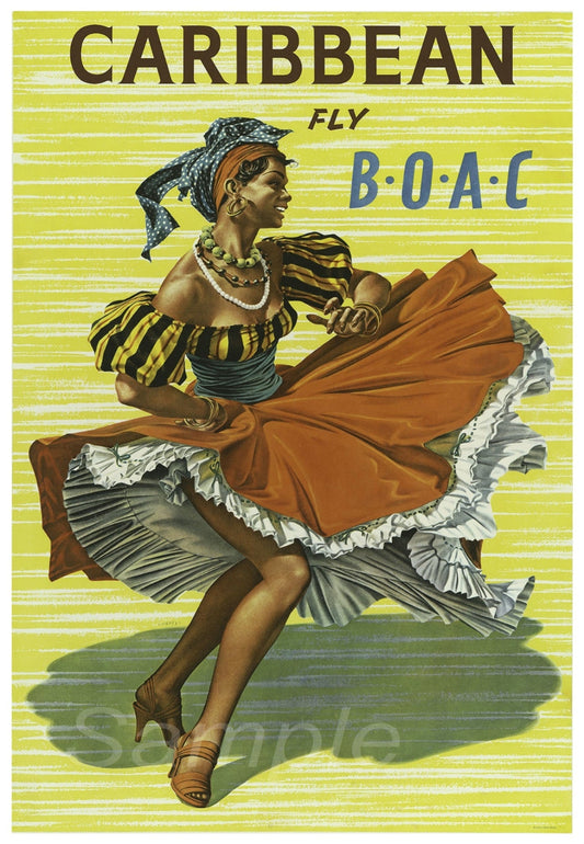 Vintage style travel poster featuring a woman in a colorful dress dancing, with 'Caribbean Fly Boac' text and a watermark logo at the bottom.