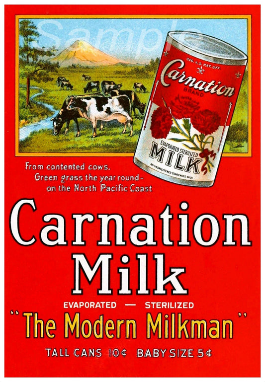 Vintage advertising poster for Carnation Milk featuring a red and white design with a canned milk product, green pasture, and a cow in the background.