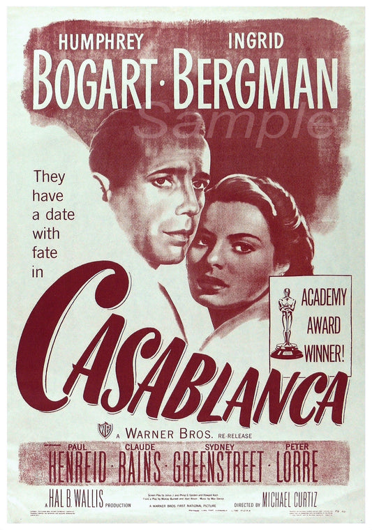Vintage movie poster for 'Casablanca' featuring images of Humphrey Bogart and Ingrid Bergman with the title and award-winning status indicated.