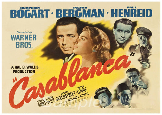 Vintage movie poster print of the film 'Casablanca' featuring images of the actors and actresses in the movie.