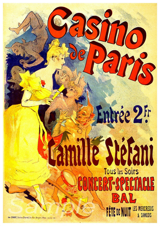 Vintage French movie poster for 'Casino de Paris' featuring illustrated figures in a colorful, artistic depiction.