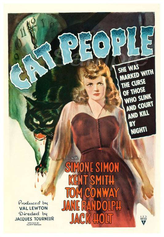 Vintage movie poster for 'Cat People' featuring a woman in a red dress and a black cat.