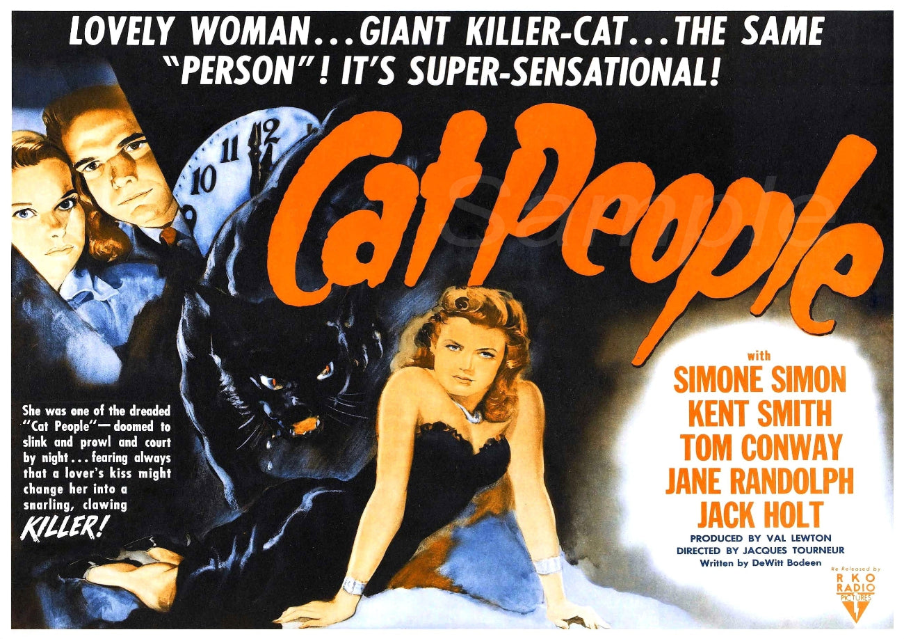 Vintage movie poster for 'Cat People' featuring a black and white design with film title, names of the stars, and a large clock in the background.