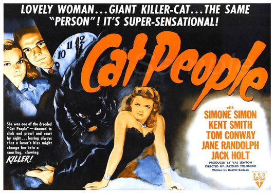 Vintage movie poster for 'Cat People' featuring a black and white design with film title, names of the stars, and a large clock in the background.