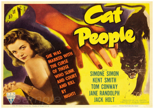 Vintage movie poster for 'Cat People' featuring a woman with a serious expression, surrounded by a yellow and red stylized background, with the names of the actors and the movie title in bold letters.