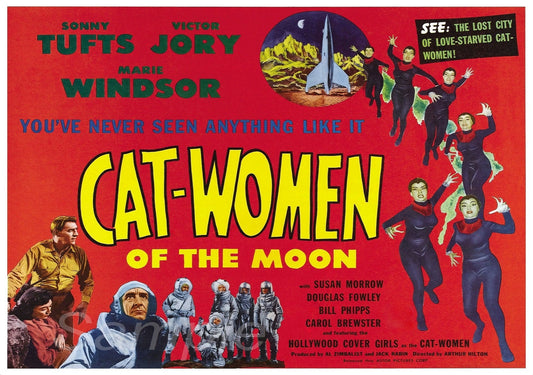 Vintage movie poster for 'Cat Women of the Moon' featuring a collage of actors in space-themed costumes against a red and blue backdrop, with the title text and credits.