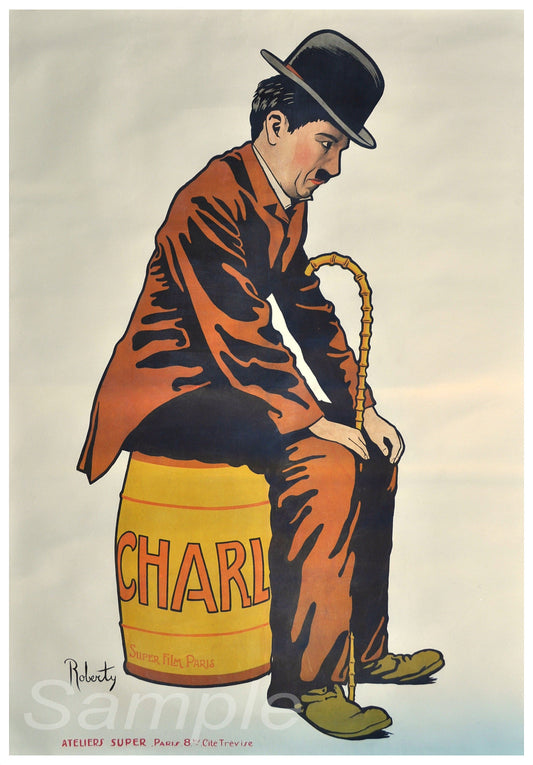 A vintage movie poster print featuring Charlie Chaplin seated on a barrel with the text 'CHARLIE' on it, in a colorful attire, from the movie '1917'.