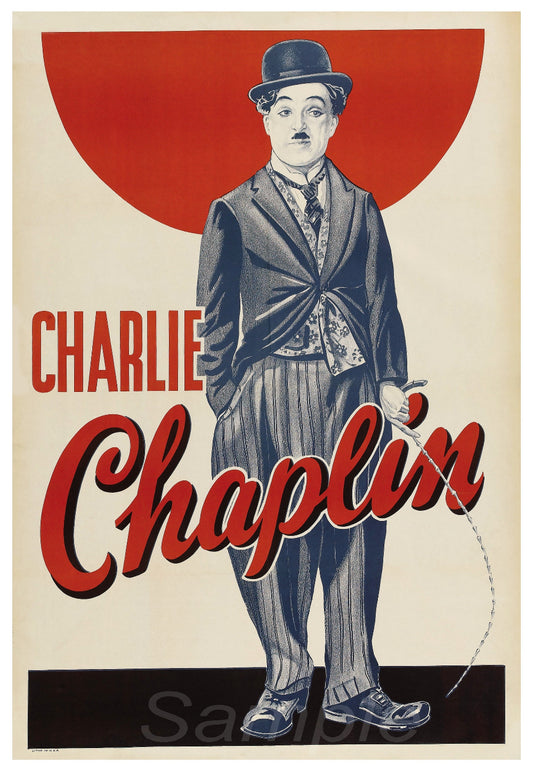 Vintage style movie poster featuring an illustration of Charlie Chaplin with a prominent red semi-circle in the background.