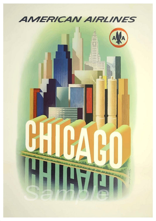 A vintage travel poster print featuring Chicago and the American Airlines logo with a stylized skyline and text.