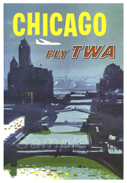 Vintage-style advertisement for TWA flights to Chicago with a cityscape and airplane illustration.