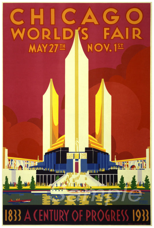 A vintage travel poster print promoting the Chicago World's Fair with a illustration of futuristic buildings and a red sky.