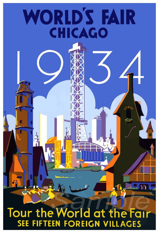 A vintage travel poster print featuring the World's Fair Chicago 1934, showcasing an illustrated skyline with prominent fair buildings and a tower.