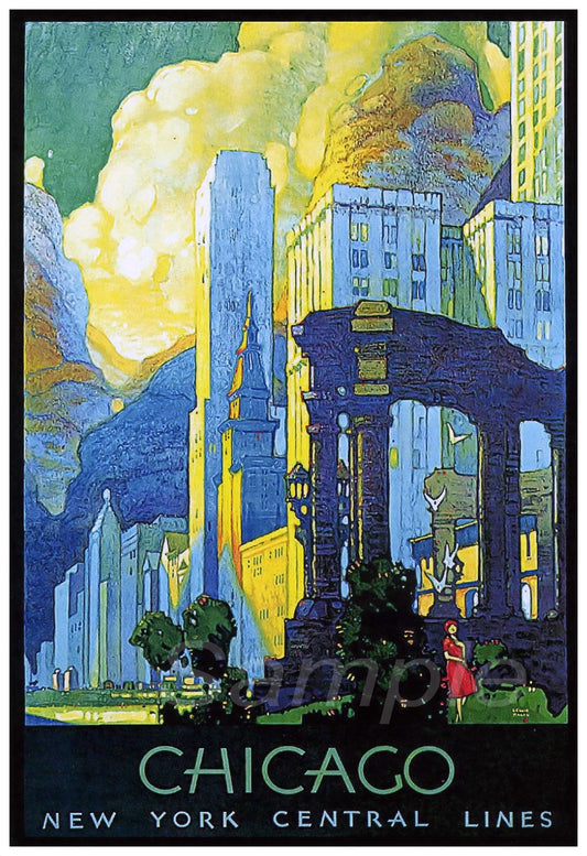 A vintage style travel poster print featuring a stylized and colorful illustration of the Chicago skyline.
