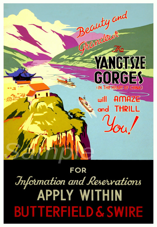Vintage style travel poster featuring the Yangtsze Gorges with a colorful depiction of a scenic landscape and a boat on a river, with text that includes 'Yangtsze Gorges' and 'China'.